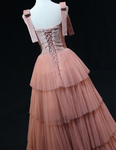 Pink straps layered long tulle prom gown evening dress