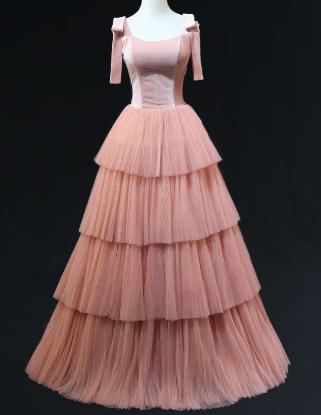 Pink straps layered long tulle prom gown evening dress