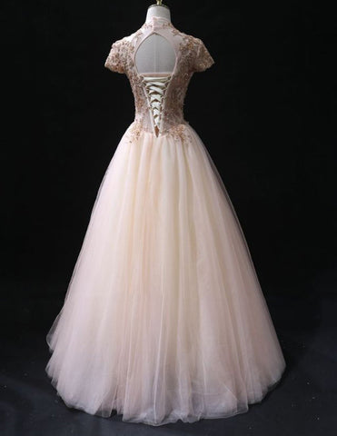 High collar champagne beaded lace short sleeve tulle ball gown