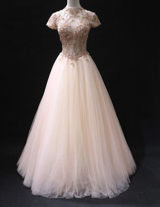 High collar champagne beaded lace short sleeve tulle ball gown VIMYES