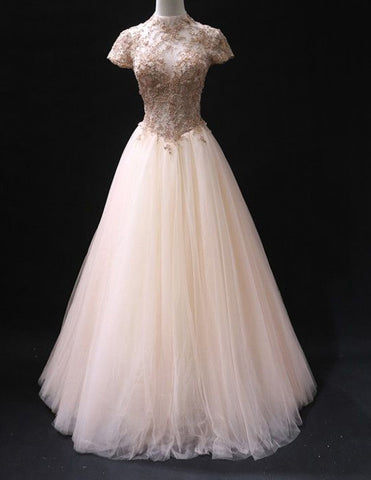 High collar champagne beaded lace short sleeve tulle ball gown