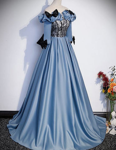 Blue satin prom dress big bow,off the shoulder long evening gown