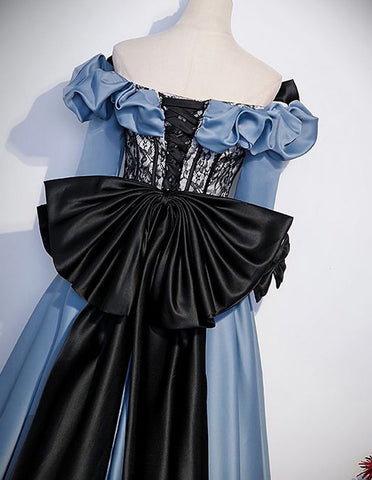 Blue satin prom dress big bow,off the shoulder long evening gown