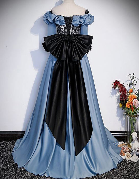 Blue satin prom dress big bow,off the shoulder long evening gown VIMYES