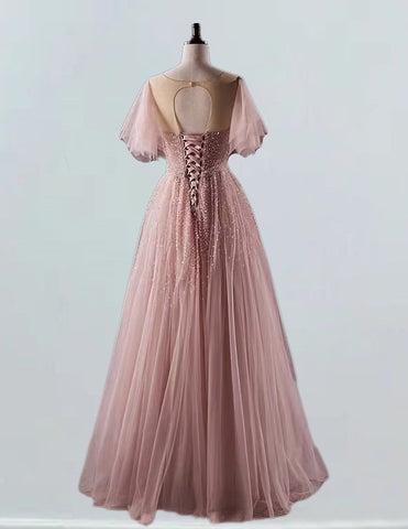 Pink evening party dress long tulle ball gown