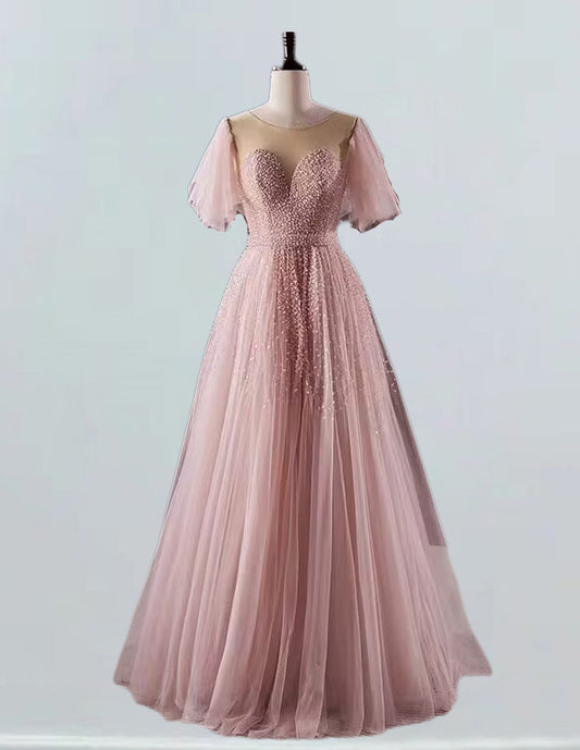 Pink evening party dress long tulle ball gown VIMYES