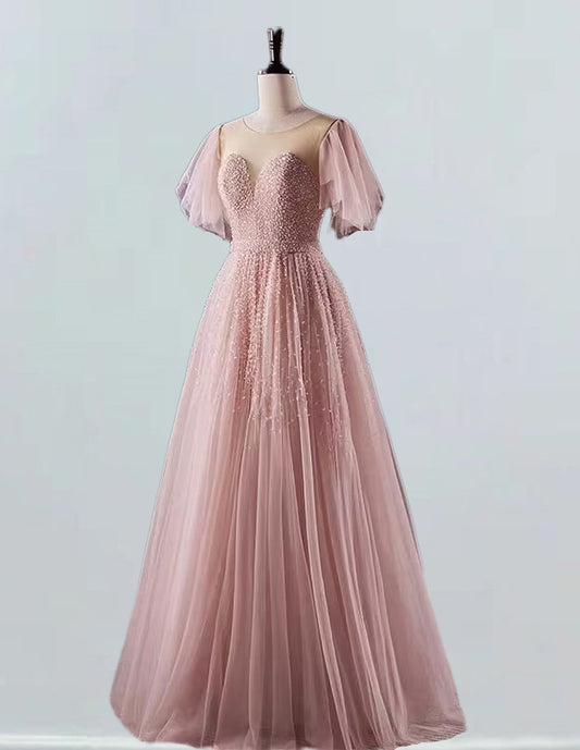 Pink evening party dress long tulle ball gown VIMYES