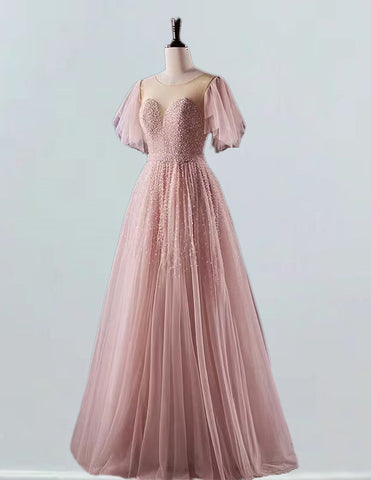 Pink evening party dress long tulle ball gown