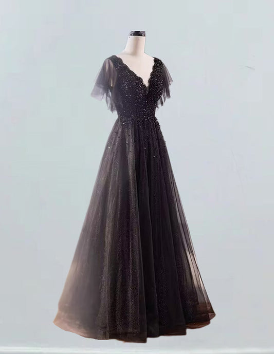 Black v neck beaded long tulle ball gown sparkle prom dress VIMYES