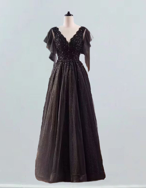 Black v neck beaded long tulle ball gown sparkle prom dress