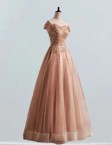 Off the shoulder beaded long tulle prom dress formal party gown