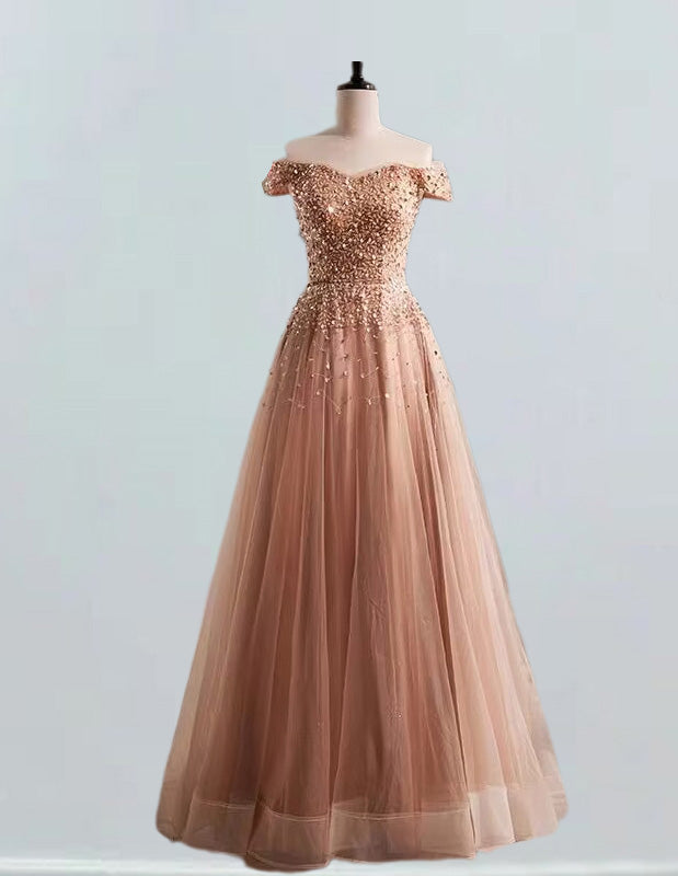 Off the shoulder beaded long tulle prom dress formal party gown