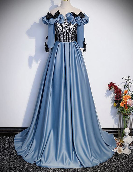 Blue satin prom dress big bow,off the shoulder long evening gown VIMYES