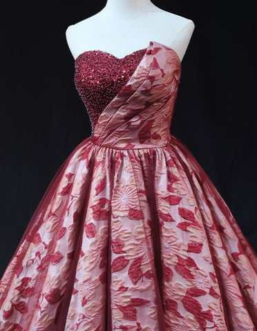 Burgundy long printed satin ball gown,strapless beaded lace evening gown