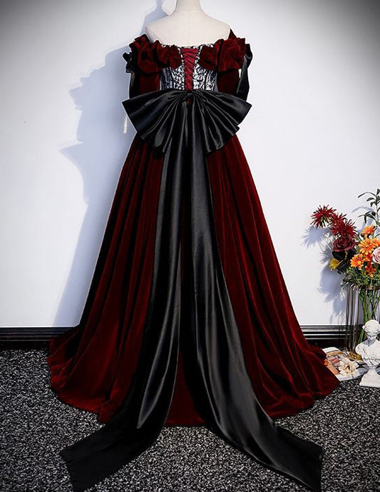 Burgundy velvet long ball gown,off the shoulder big bow evening dress VIMYES