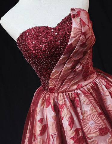 Burgundy long printed satin ball gown,strapless beaded lace evening gown