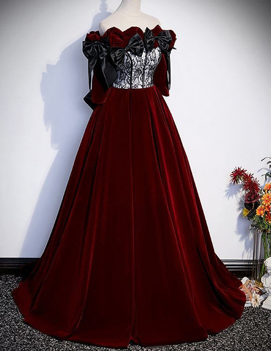 Burgundy velvet long ball gown,off the shoulder big bow evening dress