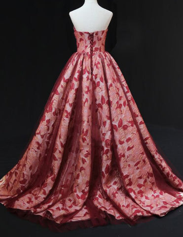 Burgundy long printed satin ball gown,strapless beaded lace evening gown