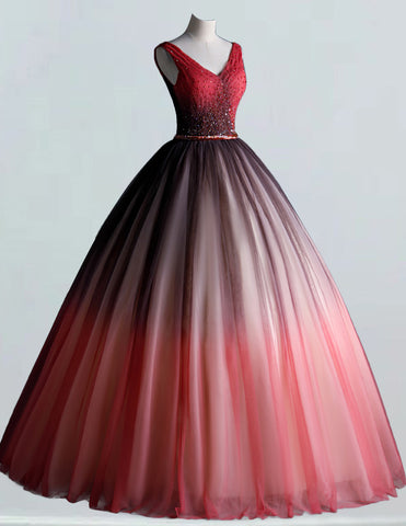 Elegant red beaded V-neck evening gown for girls, perfect for prom and formal events1