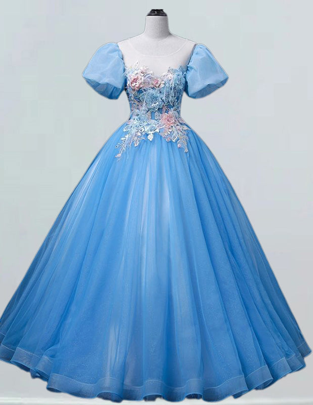 Elegant blue lace applique tulle prom gown for girls with off shoulder design and modest corset evening ball dress