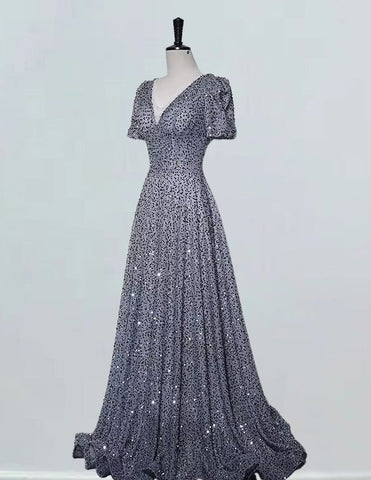 Elegant gray sequin V-neck prom dress for girls, floor-length evening gown with various styles including ball gown dresses, formal dresses, and bridesmaid options0