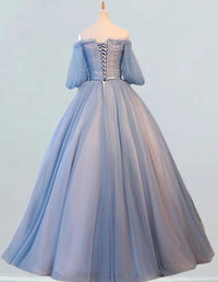Elegant off-shoulder tulle evening gown with lace applique for girls' prom and formal events