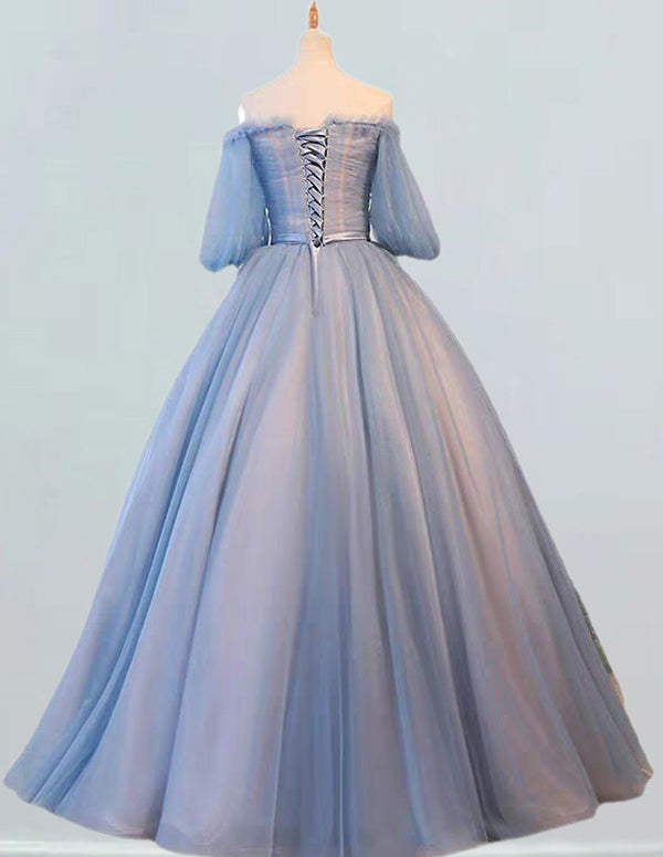 Elegant off-shoulder tulle evening gown with lace applique for girls' prom and formal events