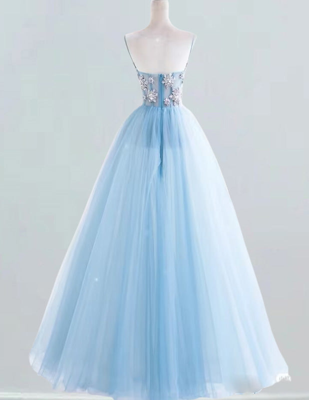 Elegant blue strapless beaded girls' ball gown for prom and evening events2