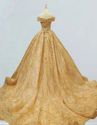 Elegant gold sequin off-shoulder ball gown with lace applique for girls' formal events, including prom and bridesmaid dresses1