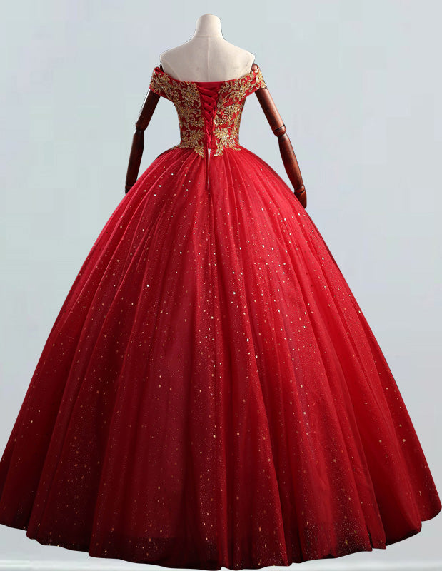 Elegant off-shoulder red tulle beaded ball gown for prom, weddings, and formal events2