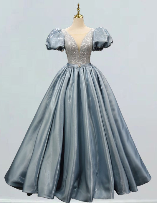 Elegant grayish blue sequin V-neck prom gown with puff sleeves for girls1 VIMYES