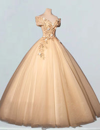 Champagne gold off-shoulder lace applique prom ball gown for girls with elegant and aesthetic design, featuring sleeves and corset detailing, perfect for formal events and princess parties