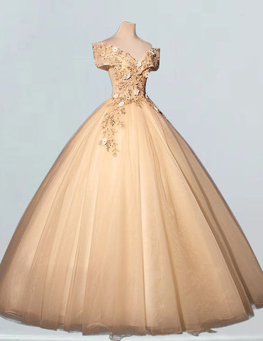 Champagne gold off-shoulder lace applique prom ball gown for girls with elegant and aesthetic design, featuring sleeves and corset detailing, perfect for formal events and princess parties