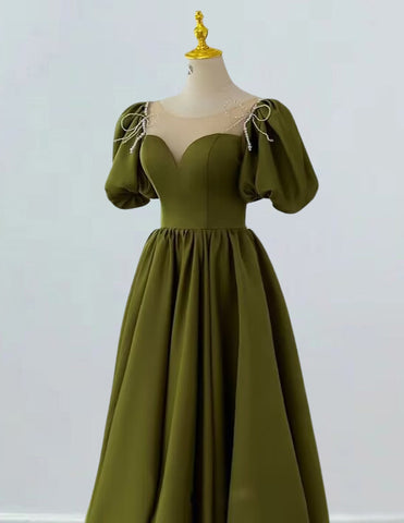 Green scoop short sleeve long satin ball gown for prom, elegant and modest evening dress with off shoulder and corset features0