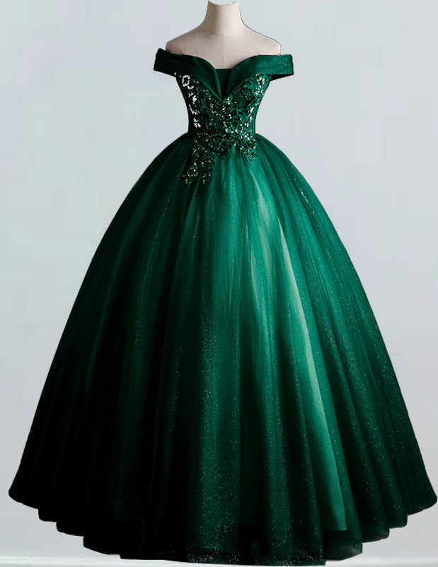 Green off the shoulder lace applique fairy long tulle girls' ball gown dress for prom or bridal1