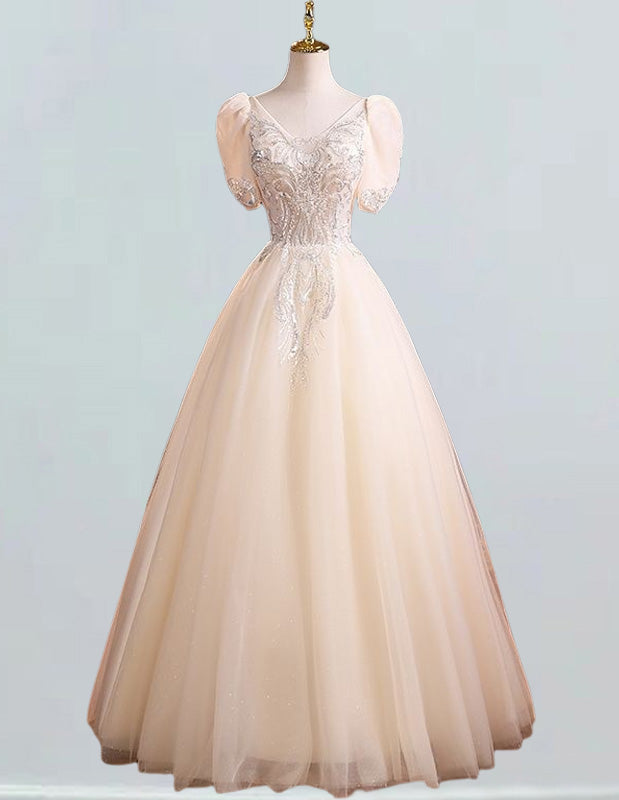 Elegant beaded lace V-neck Quinceanera dress with tulle evening gown for girls' formal events3