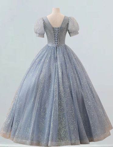 Grey blue v-neck lace ball gown with short sleeves for wedding party, princess style evening dress1