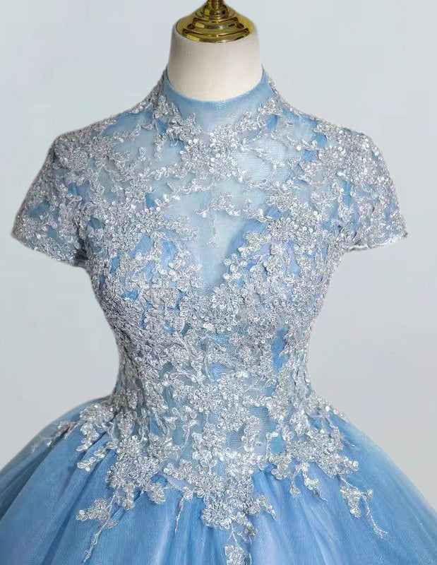 Elegant blue tulle ball gown with lace applique and high collar for girls' formal events, including prom and bridesmaid dresses2