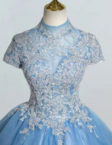 Elegant blue tulle ball gown with lace applique and high collar for girls' formal events, including prom and bridesmaid dresses2