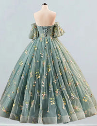 Elegant floral lace ball gown with detachable sleeves for prom, featuring a variety of styles including evening and bridesmaid dresses, princess party attire, and modest off-shoulder designs1