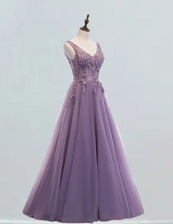 Elegant V-Neck Tulle Prom Dress with Beaded Rhinestones for Girls