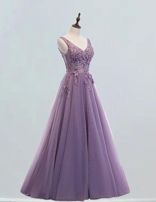 Elegant V-Neck Tulle Prom Dress with Beaded Rhinestones for Girls VIMYES