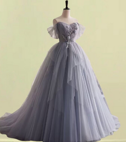 Gray tulle Floor length Ball Gown wedding dress,Beading wedding gown