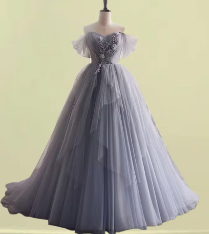 Gray tulle Floor length Ball Gown wedding dress,Beading wedding gown