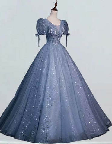 Elegant blue lace applique tulle prom gown with scoop neck, perfect for evening events and formal occasions1