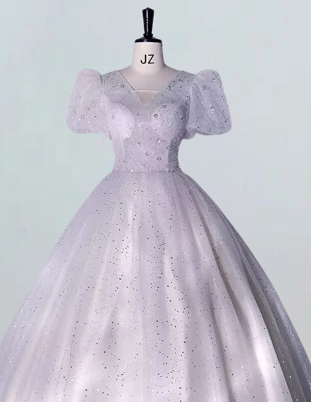 Elegant silver grey sequin tulle V-neck bridal ball gown for girls' formal events, including prom and bridesmaid dresses2