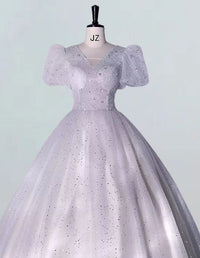 Elegant silver grey sequin tulle V-neck bridal ball gown for girls' formal events, including prom and bridesmaid dresses2