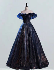 Off the shoulder long tulle prom dress,navy blue evening party gown