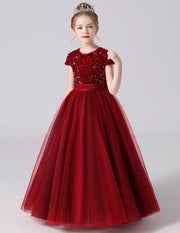 Burgundy short sleeve velvet long tulle flower girl dress