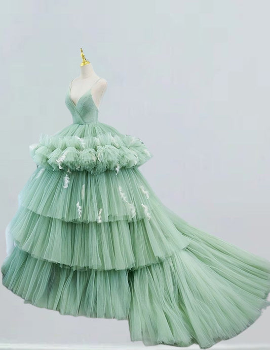 Light green spaghetti strap pleated long train ball gown VIMYES